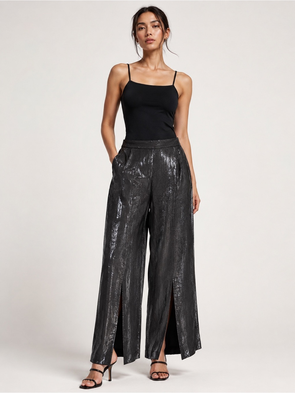 Forever 21 Metallic Crinkle Wide Leg Pants Women's Medium Black Shimmer Y2K Tall